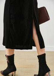 Style Black Ruffled Patchwork Silk Velour Dresses Fall