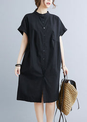 Style Black Stand Collar Wrinkled Cotton Shirt Dress Summer