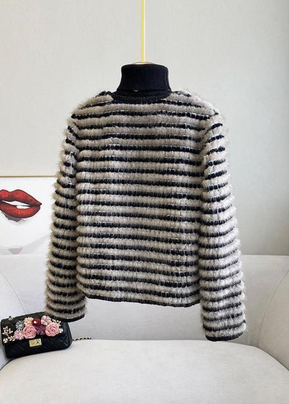 Style Black Striped Double Breast Mink Velvet Jacket Spring