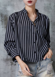 Style Black Striped Drawstring Cotton Shirt Top Summer