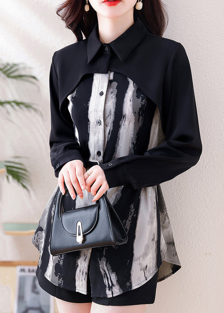 Style Black Tie Dye False Two Pieces Chiffon Shirts Spring