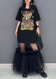 Style Black Tulle Ruffled Cartoon print Patchwork Cotton Dress Summer