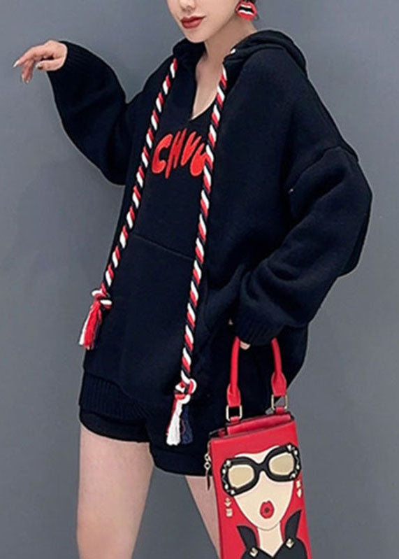 Style Black V Neck Graphic Print Drawstring Sweatshirts Long Sleeve