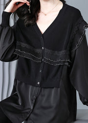 Style Black V Neck Knit Ruffled Patchwork Silk Blouse Top Fall