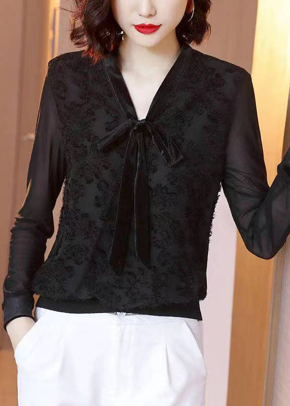 Style Black V Neck Lace Bow Patchwork Chiffon Shirt Tops Long Sleeve