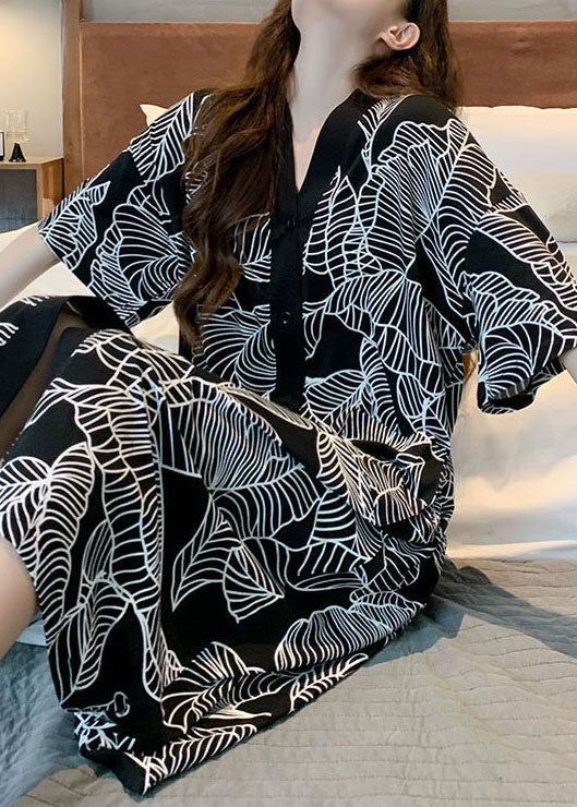 Style Black V Neck Print Patchwork Cotton Pajamas Dresses Summer