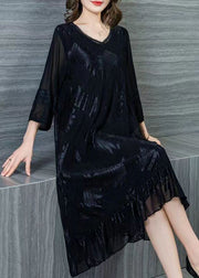 Style Black V Neck Wrinkled Lace Patchwork Silk Dresses Summer