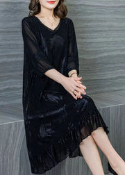 Style Black V Neck Wrinkled Lace Patchwork Silk Dresses Summer