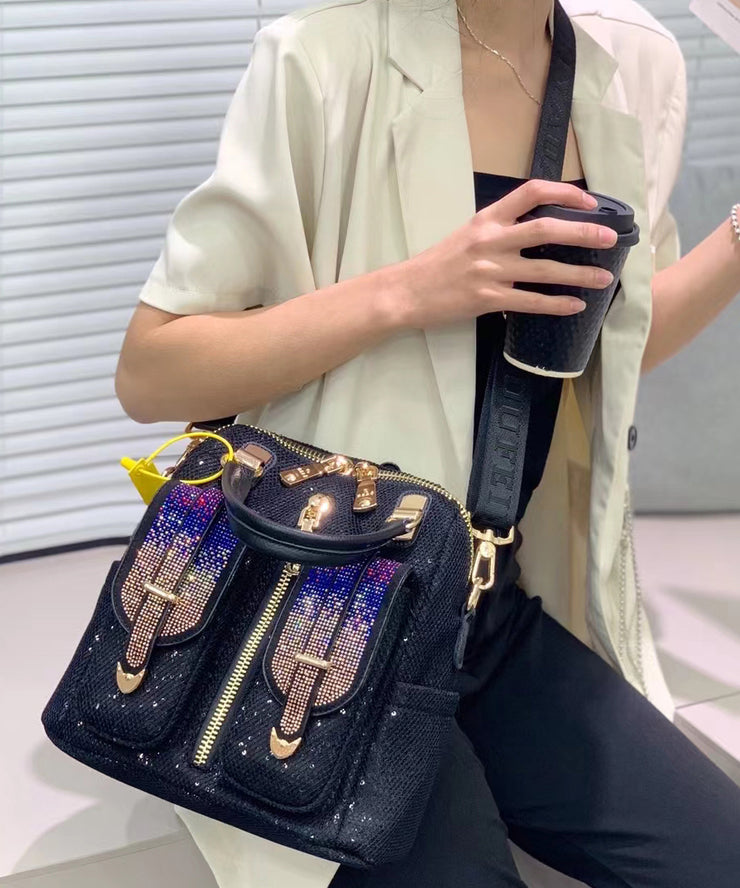 Style Black Zircon Patchwork Sequin Leather Backpack Bag