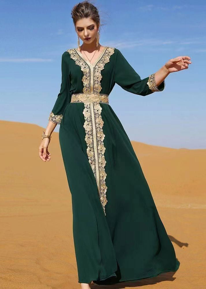 Style Blackish Green Patchwork High Waist Long Holiday Dress Fall