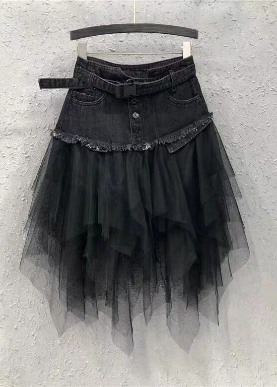 Style Blue Asymmetrical Tulle Patchwork Denim Skirts Summer