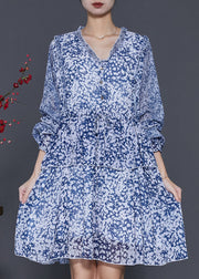 Style Blue Cinched Print Chiffon Vacation Dresses Spring