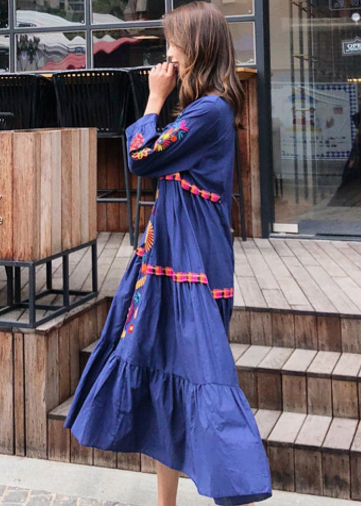 Style Blue Embroidered Exra Large Hem Cotton Dress Summer