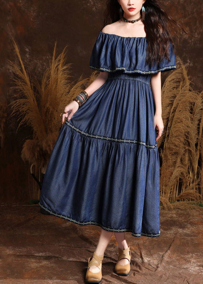 Style Blue Embroidered Patchwork Silk Cotton Long Denim Dresses Short Sleeve