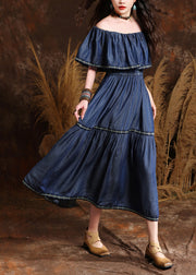 Style Blue Embroidered Patchwork Silk Cotton Long Denim Dresses Short Sleeve