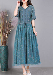 Style Blue Embroideried Floral Ruffles Tulle Long Dresses Short Sleeve