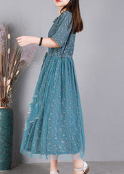 Style Blue Embroideried Floral Ruffles Tulle Long Dresses Short Sleeve