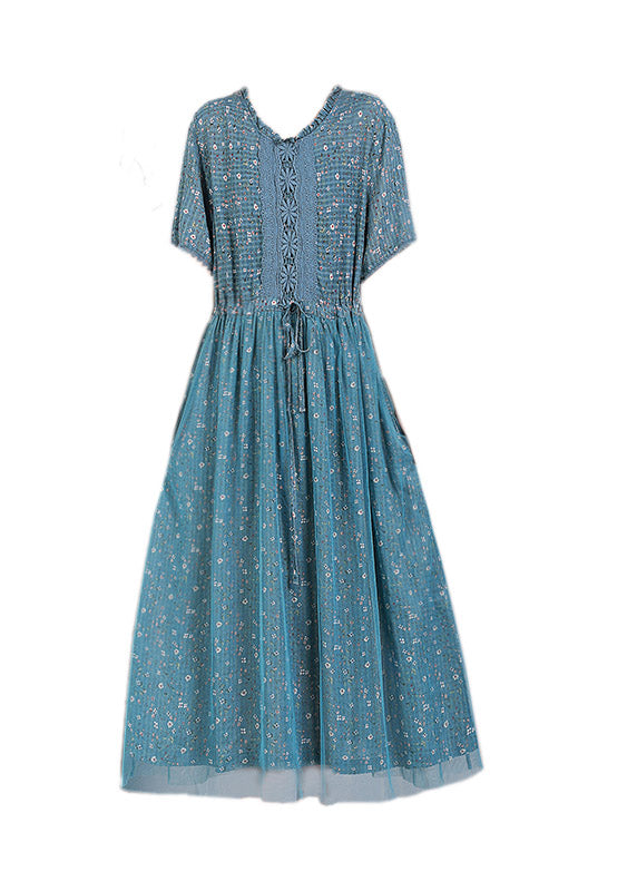 Style Blue Embroideried Floral Ruffles Tulle Long Dresses Short Sleeve