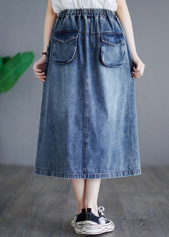 Style Blue Embroideried Pockets Elastic Waist Patchwork Cotton Skirt Summer