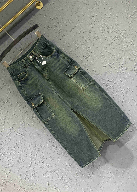 Style Blue Front Open Pockets Patchwork Denim Skirts Fall