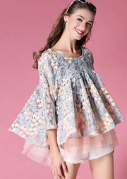 Style Blue Grey Embroideried Patchwork Exra Large Hem Organza Top Half Sleeve