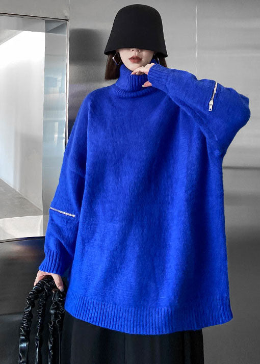 Style Blue High Neck Zippered Oversized Knit Sweater Tops Winter