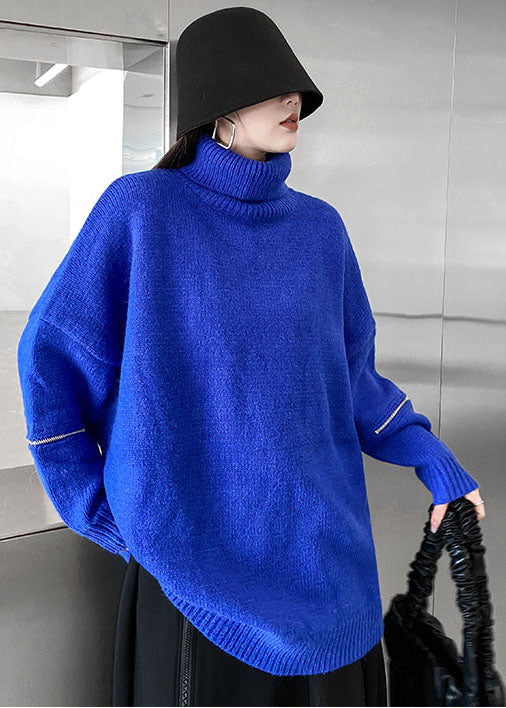 Style Blue High Neck Zippered Oversized Knit Sweater Tops Winter