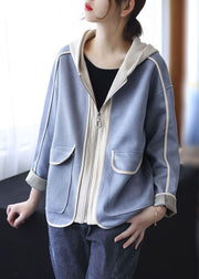 Style Blue Hooded Pockets Patchwork Cotton Coat Spring