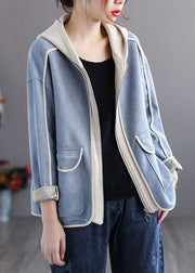 Style Blue Hooded Pockets Patchwork Cotton Coat Spring