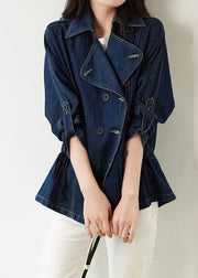 Style Blue Notched Patchwork Button Denim Coats Fall