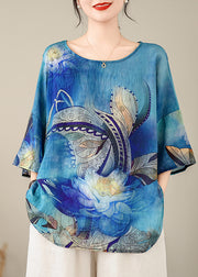 Style Blue O-Neck Print Top Batwing Sleeve