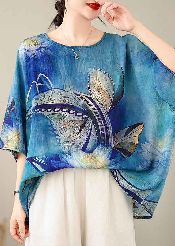 Style Blue O-Neck Print Top Batwing Sleeve