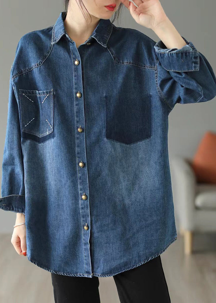 Style Blue Oversized Embroideried Pocket Denim Jackets Spring