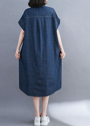 Style Blue Oversized Pocket Cotton Denim Shirt Dress Short Sleeve