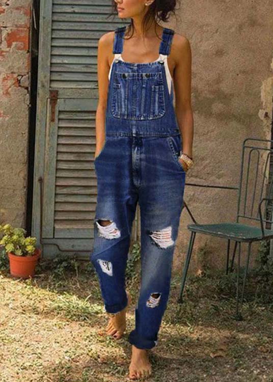 Style Blue Oversized Pockets Denim Ripped Jumpsuit Summer