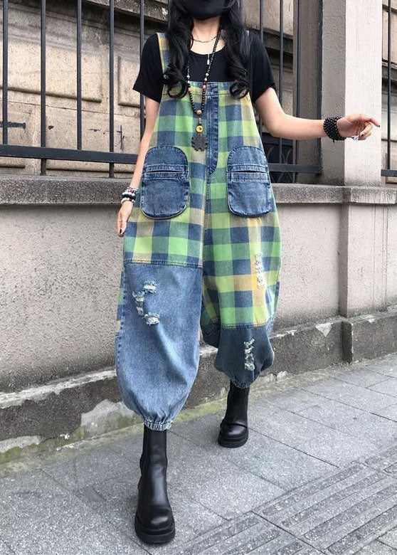 Style Blue Patchwork Plaid Print Denim Spaghetti Strap Jumpsuit Summer