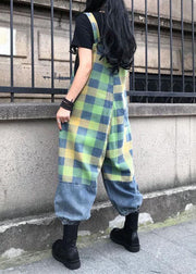 Style Blue Patchwork Plaid Print Denim Spaghetti Strap Jumpsuit Summer