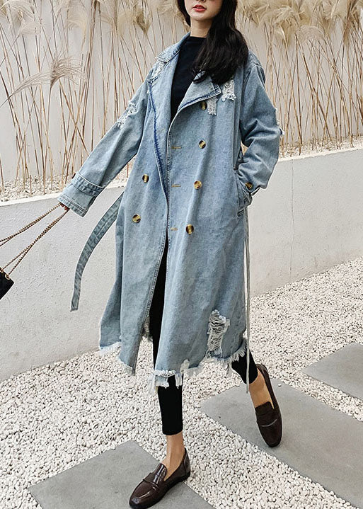 Style Blue Peter Pan Collar Pockets Tie Waist Patchwork Denim Coat Fall