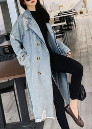 Style Blue Peter Pan Collar Pockets Tie Waist Patchwork Denim Coat Fall