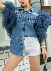 Style Blue Peter Pan Collar Tulle Ruffled Patchwork Denim Shirts Summer