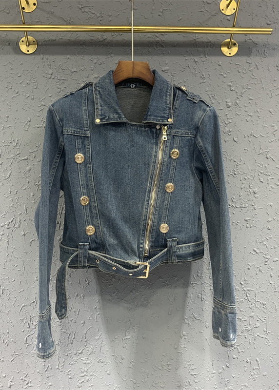 Style Blue Peter Pan Collar Zippered Patchwork Denim Jacket Fall