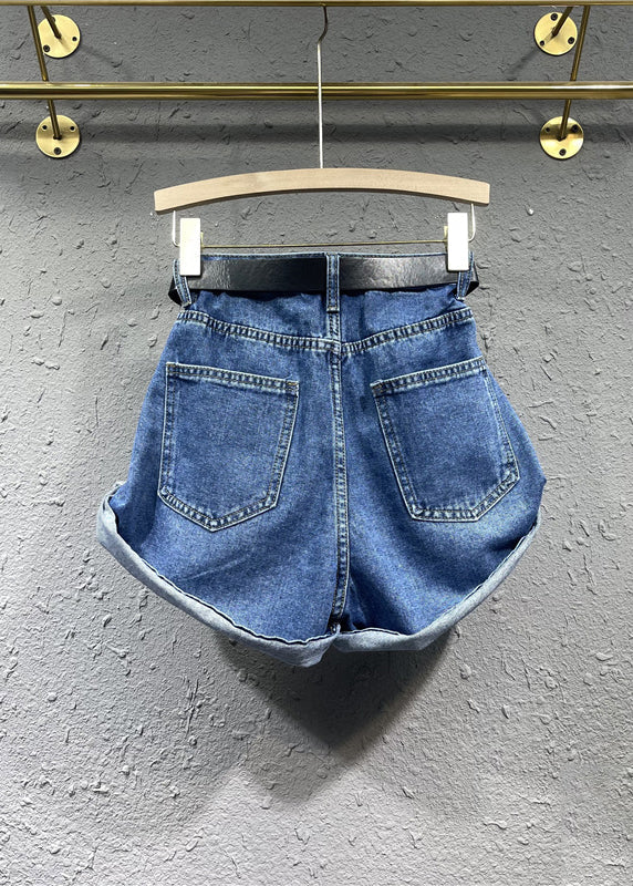 Style Blue Pockets Patchwork Denim Shorts Fall