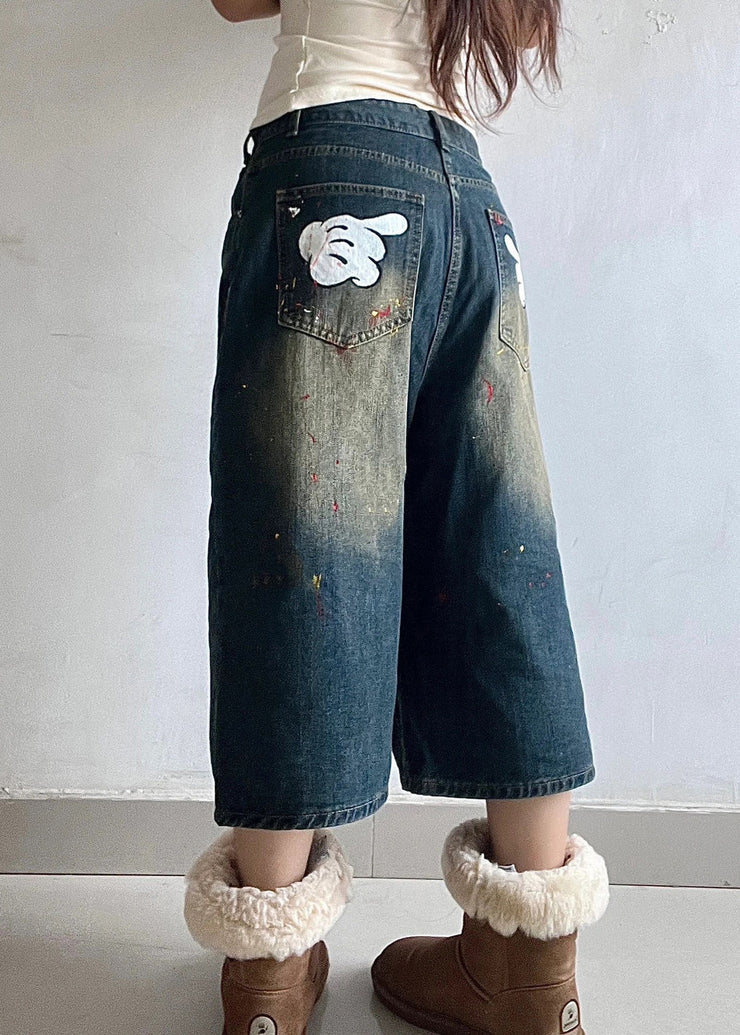 Style Blue Pockets Print Denim Crop Pants Fall