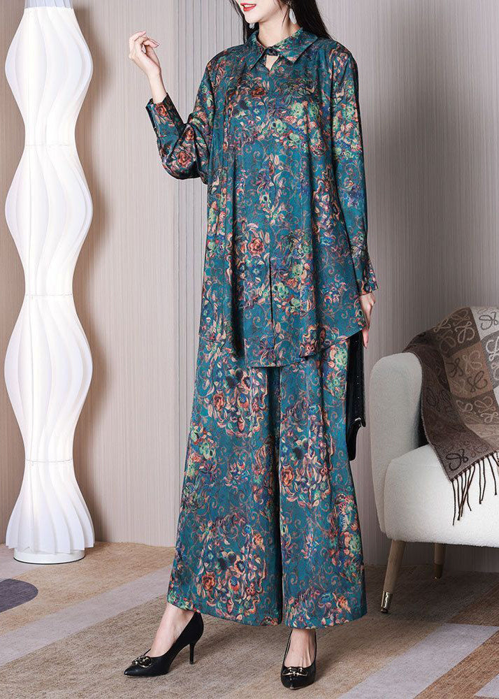 Style Blue Print Oversized Low High Design Silk Two Pieces Set Spring