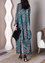 Style Blue Print Oversized Low High Design Silk Two Pieces Set Spring