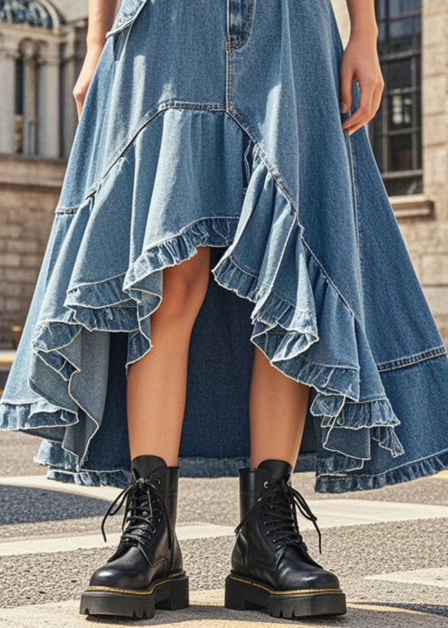 Style Blue Ruffled Exra Large Hem Denim Skirts Spring