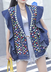 Style Blue Ruffled Nail Bead Sequins Patchwork Denim Vest Sleeveless