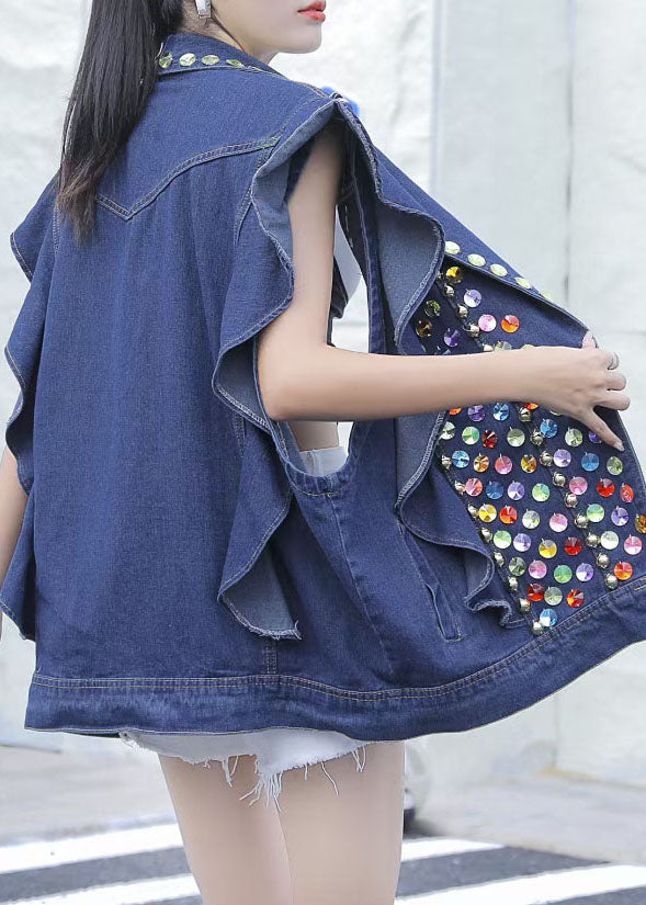 Style Blue Ruffled Nail Bead Sequins Patchwork Denim Vest Sleeveless