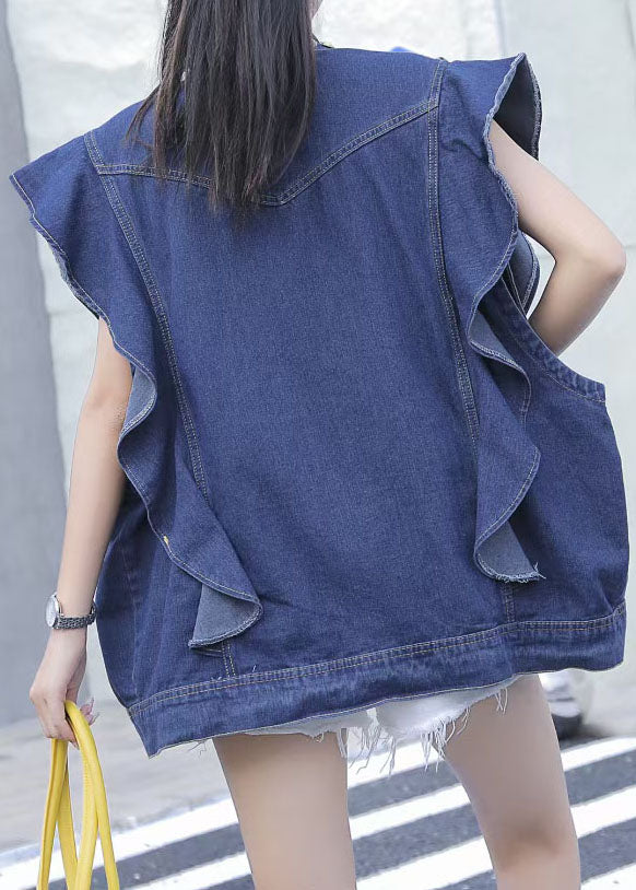 Style Blue Ruffled Nail Bead Sequins Patchwork Denim Vest Sleeveless