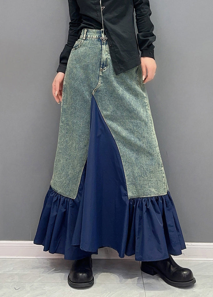 Style Blue Ruffled Pockets Patchwork Slim Fit Denim Skirt Fall